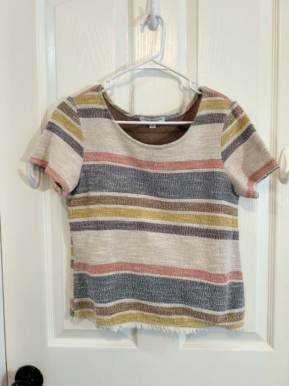 Green Envelope Striped Frayed Hem Short Sleeve Top Size S